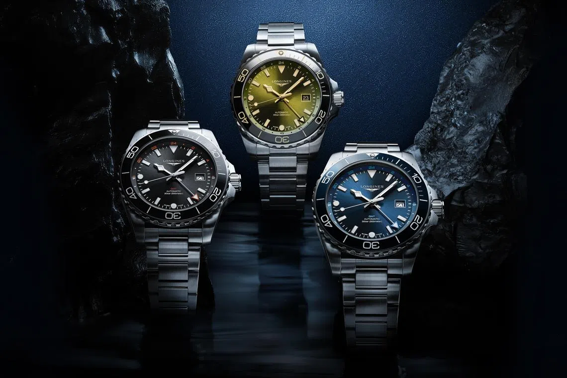 HydroConquest GMT系列新增43毫米直径表壳新表款，防水深度300米。（浪琴表提供）