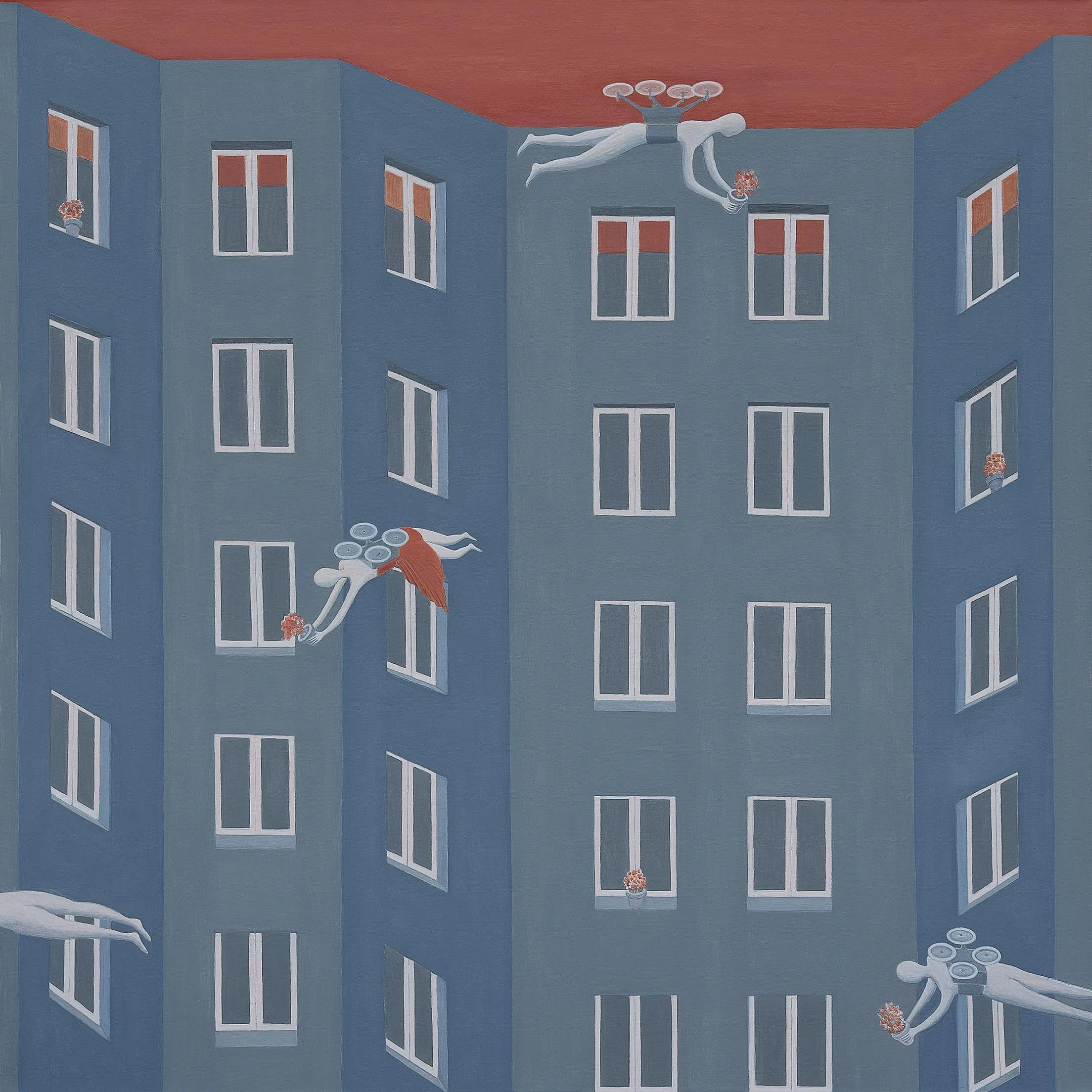 金宇澄的丙烯画描绘无人机飞往无数个上海的窗口。（金宇澄提供）