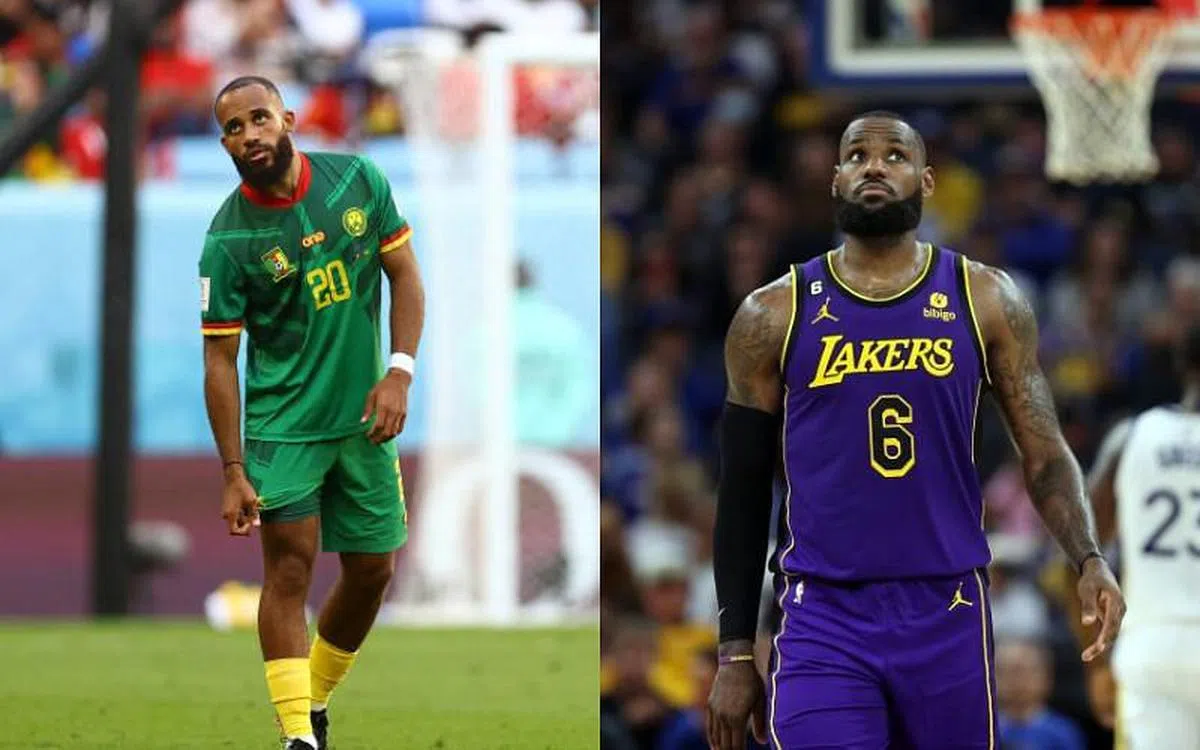 喀麦隆前锋姆伯莫（左）长相酷似NBA球星勒布朗·詹姆斯（右）。（路透社/法新社）