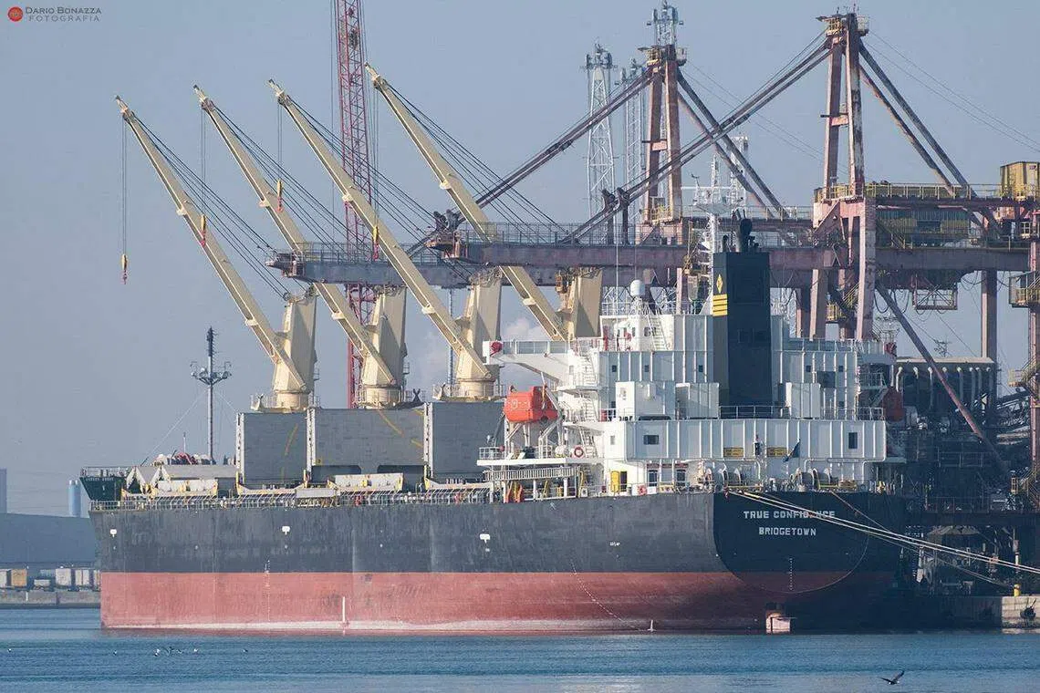 散货船“真正信心”号2022 年3月10日曾停泊在意大利拉文纳港（Ravenna）。（路透社）
