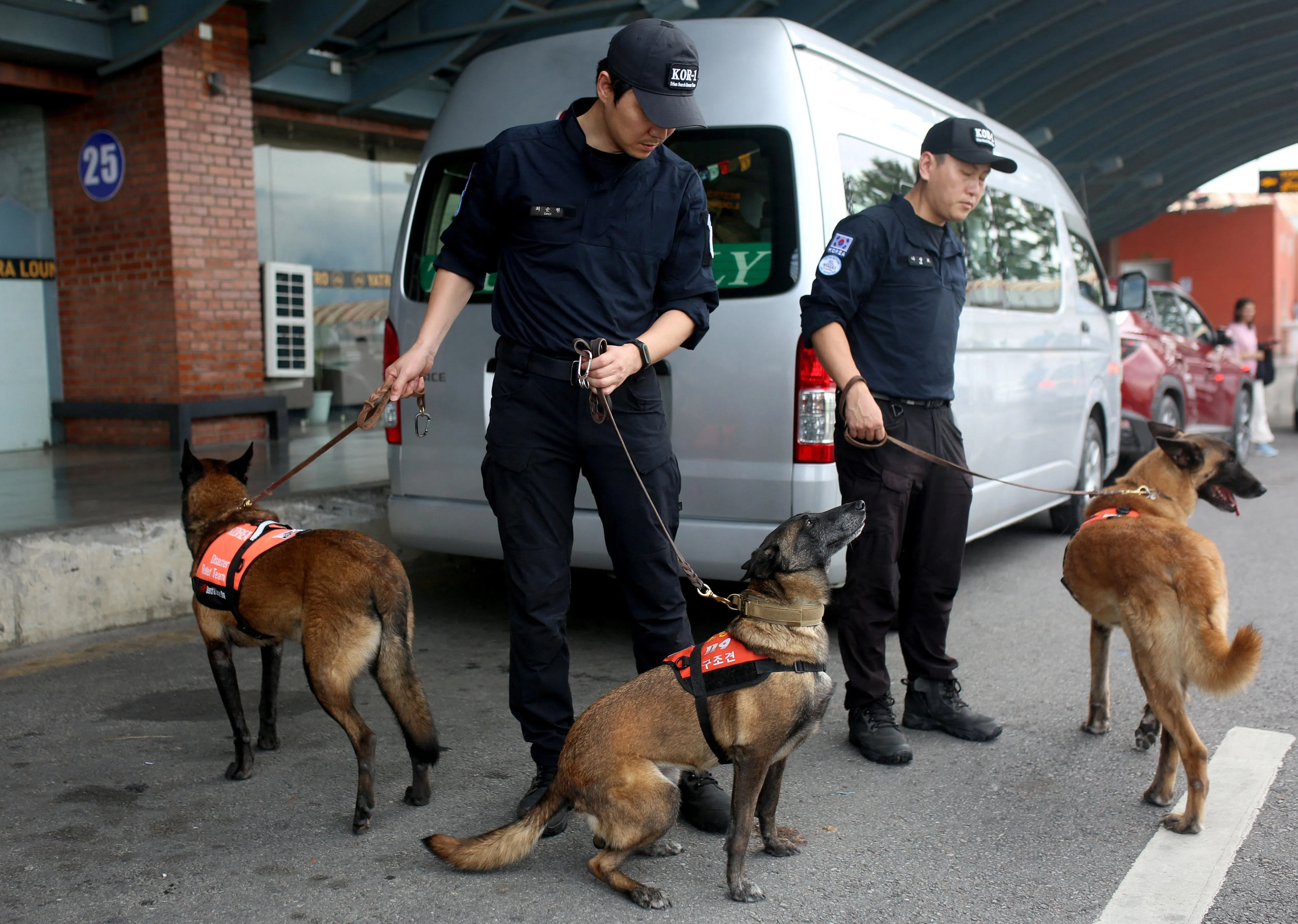 一组韩国搜救队人员与搜救犬在周三抵达加德满都，支援尼泊尔山洪的救援任务。（路透社）