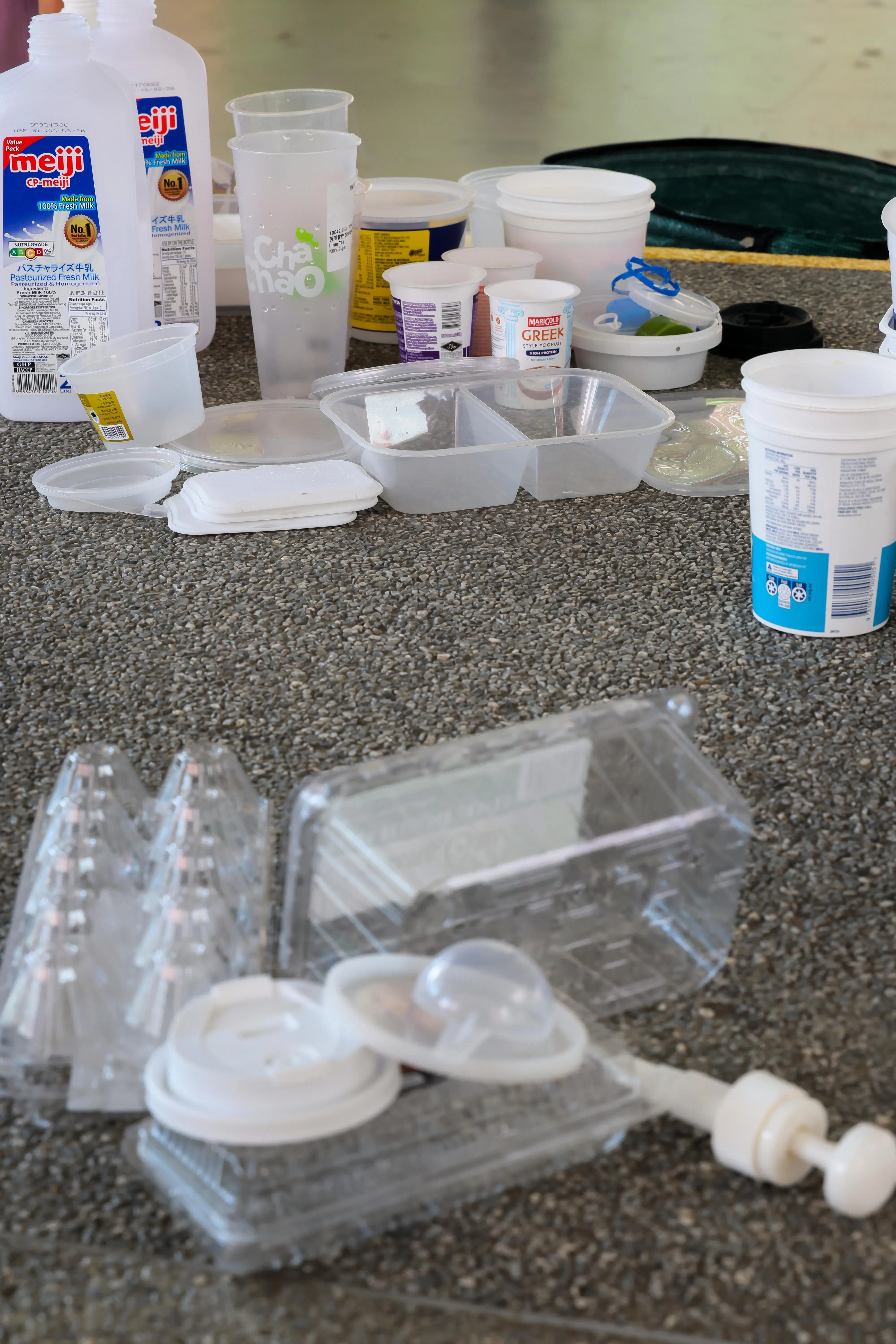 Plastic Trashure收取的是较易再循环使用的“二号”高密度聚乙烯，如瓶盖、清洁剂瓶子、牛奶罐，以及“五号”聚丙烯，如打包容器、豆腐盒和优格杯等（图后方）。一般的透明食物包装盒（图前方）则不包括在内。（龙国雄摄）