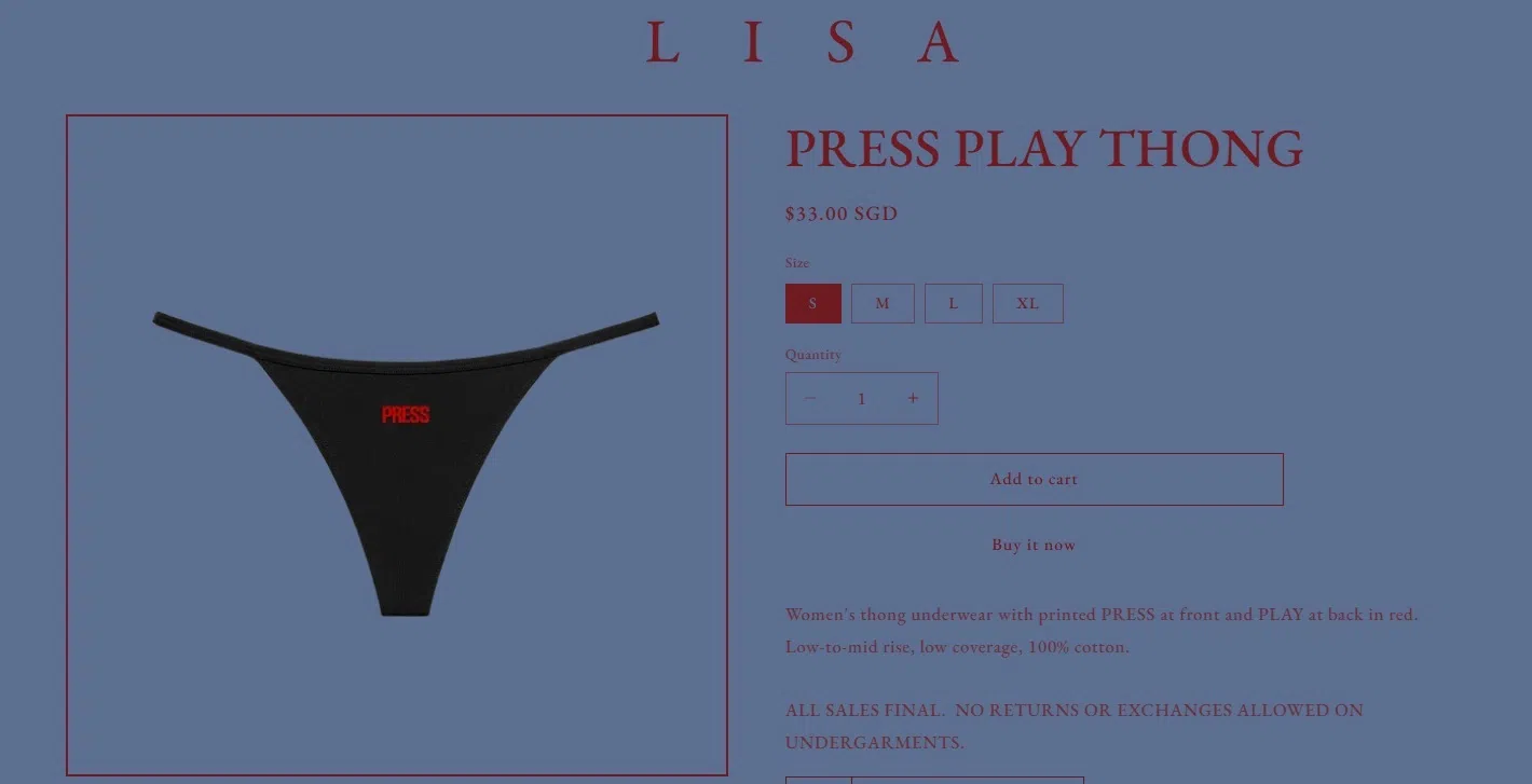 Lisa的新周边包括丁字裤。（官网截图）