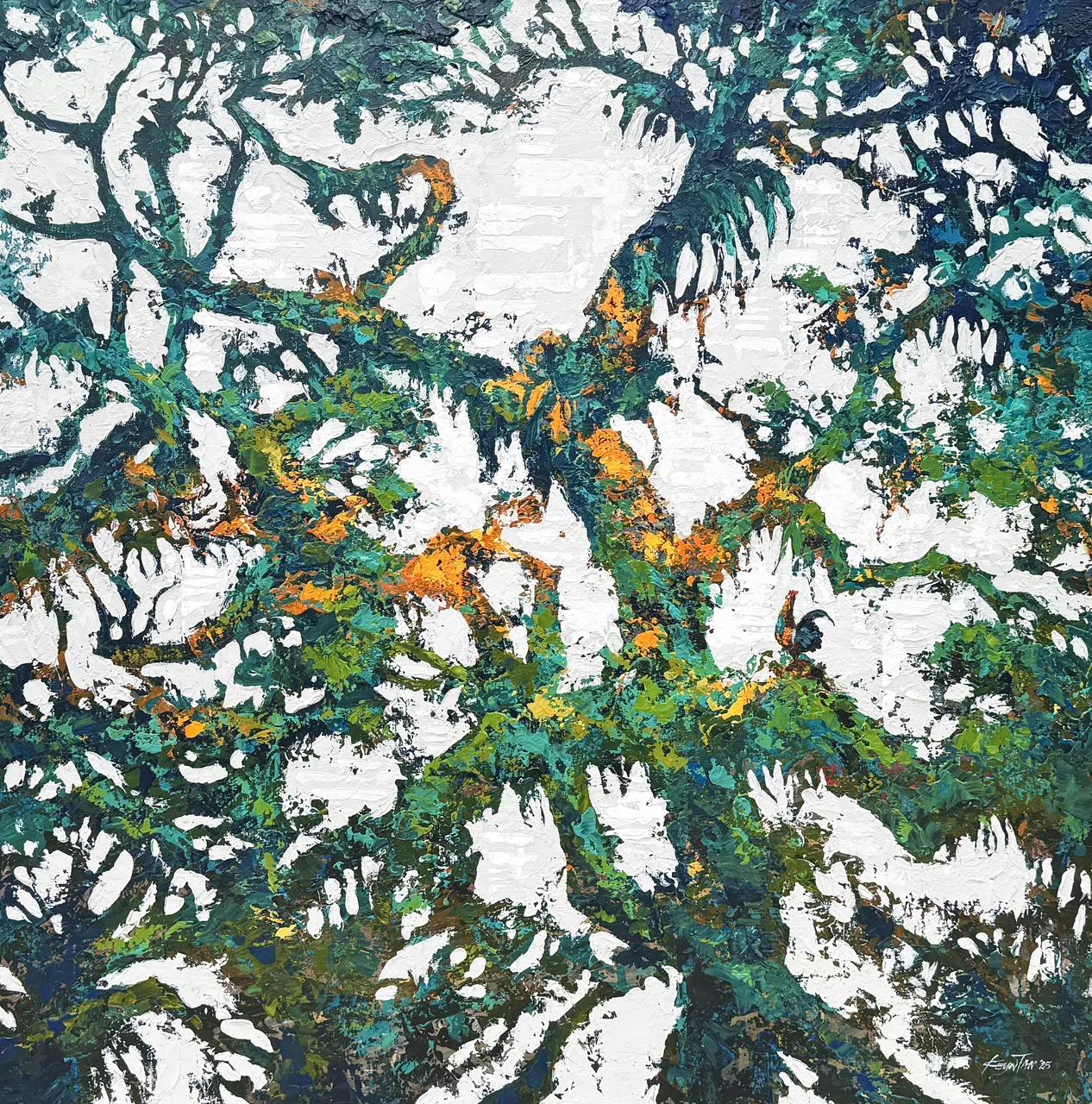 陈义财丙烯画《一唱雄鸡天下白》，启发自毛泽东诗词。（主办方提供）