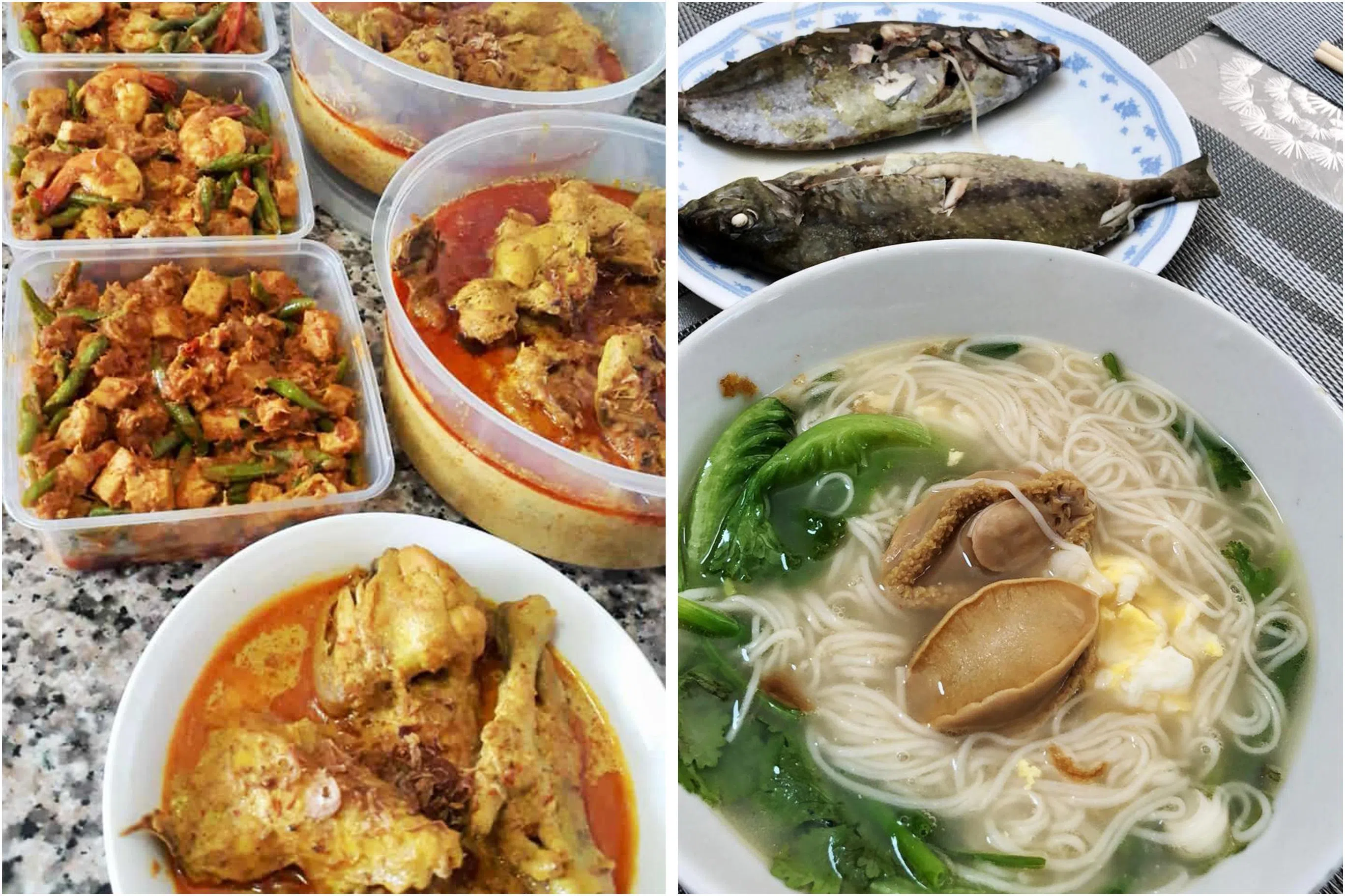 莎露娘家送来马来菜肴（左），与曾福来母亲年初一必煮的白肚鱼和米粉汤，是过年时少不了的美味佳肴。（受访者提供）