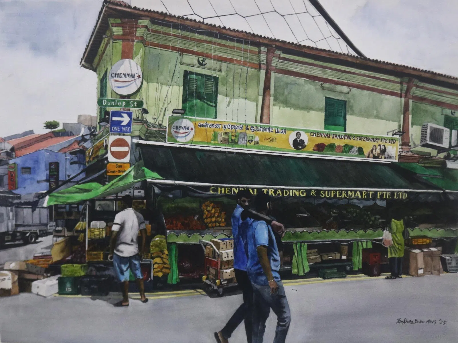 本届参展的新加坡艺术家有101位，包括谭钧元和他的水彩画《小印度的朋友》（2025）。（集菁艺社提供）