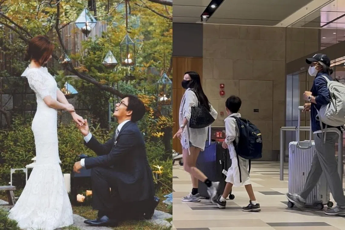 朴秀真（左图左，右图左一）和裴勇俊（左图右，右图右一）结婚11年育有一对子女。（互联网、读者提供）