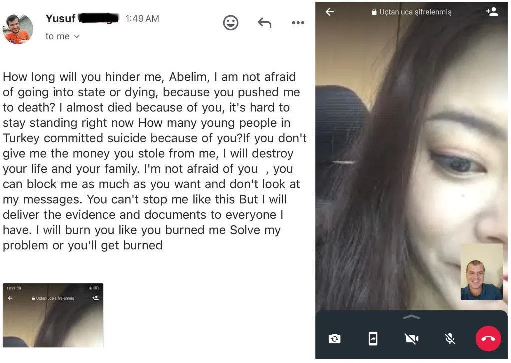 尤索夫通过谷歌找出林慧娴的联系方式后，多次联系对方，要她还钱。（受访者提供）