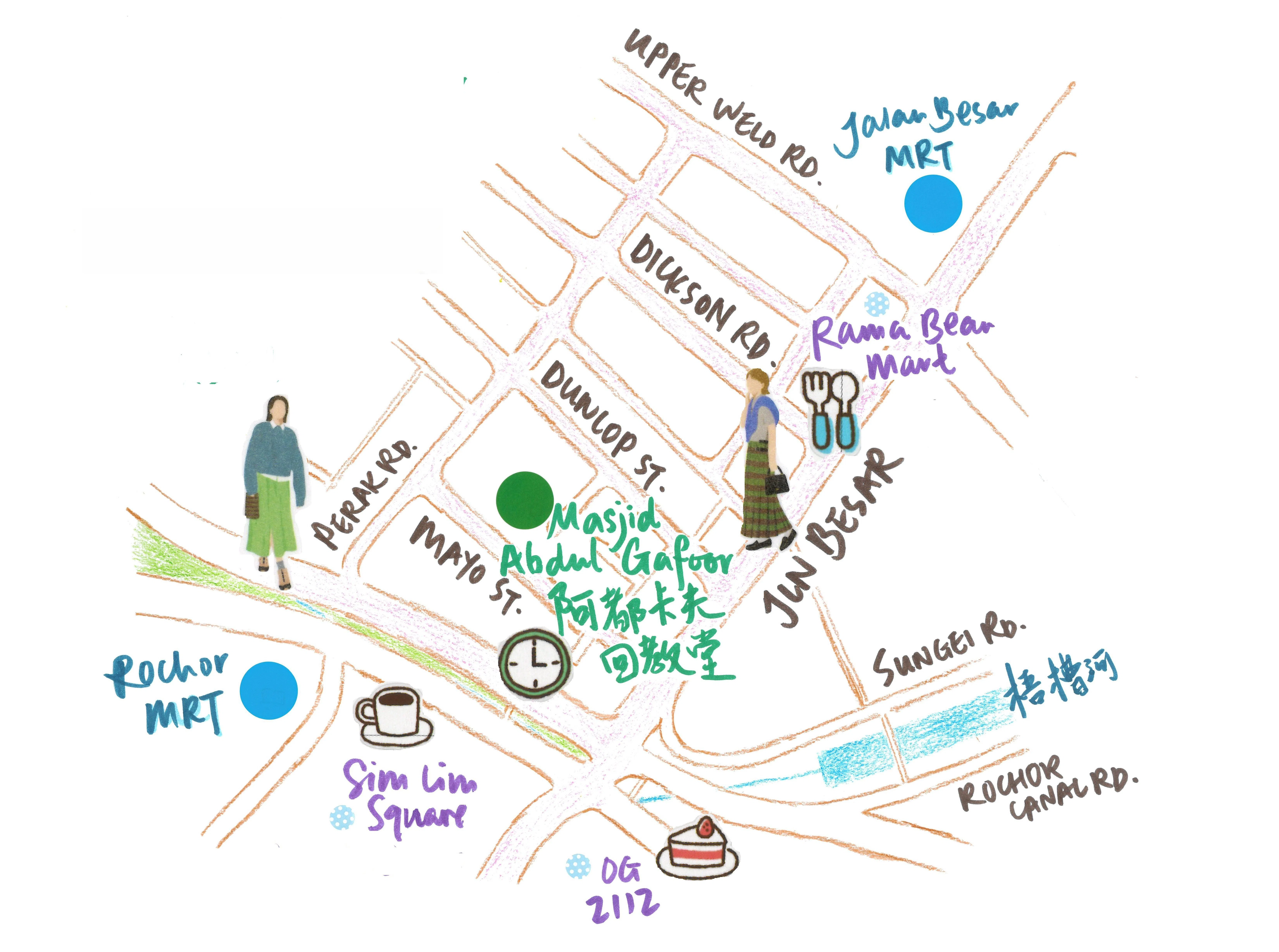 梧槽（Rochor）与惹兰勿刹（Jalan Besar）两个地铁站之间，藏着一个值得一再游走、慢慢发现的街区。（陈映蓁手绘）