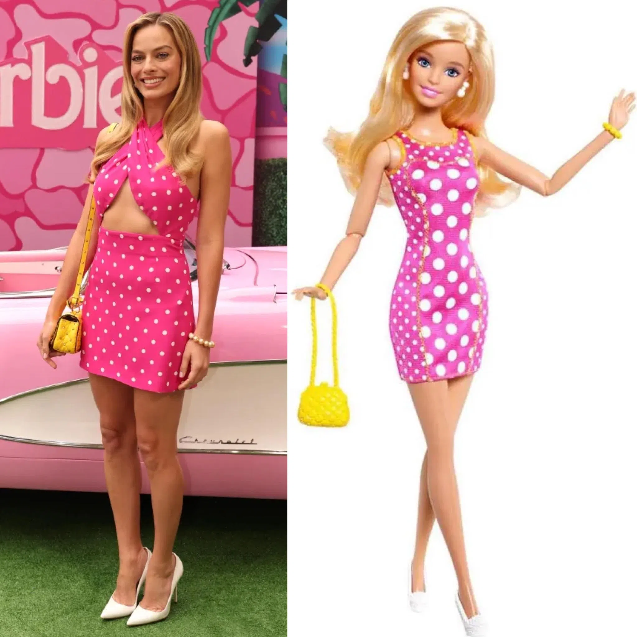 1993年春夏华伦天奴绕颈式露背波点粉红迷你裙致敬2015年“粉红俏佳人”（Pink Fabulous）芭比造型。（互联网）