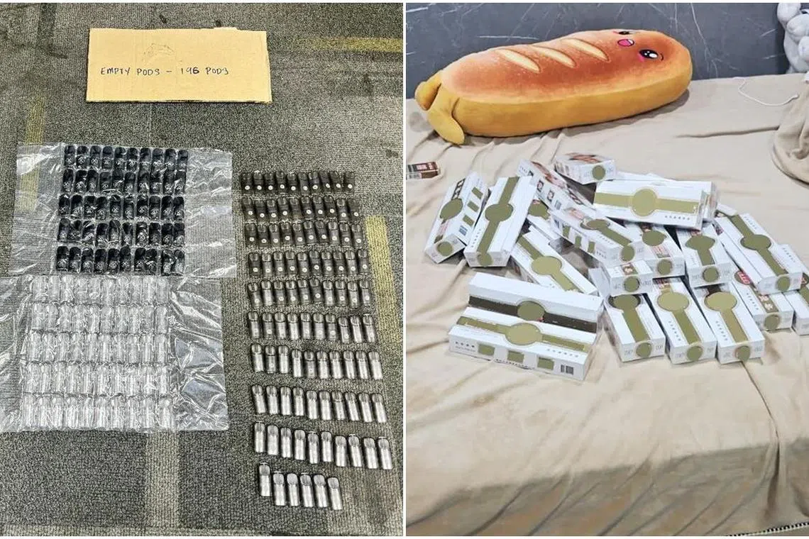 卫科局上门突击搜查相关单位，进一步查获3200支电子烟和相关配件。左为电子烟，右为漏税香烟。（卫生科学局提供）