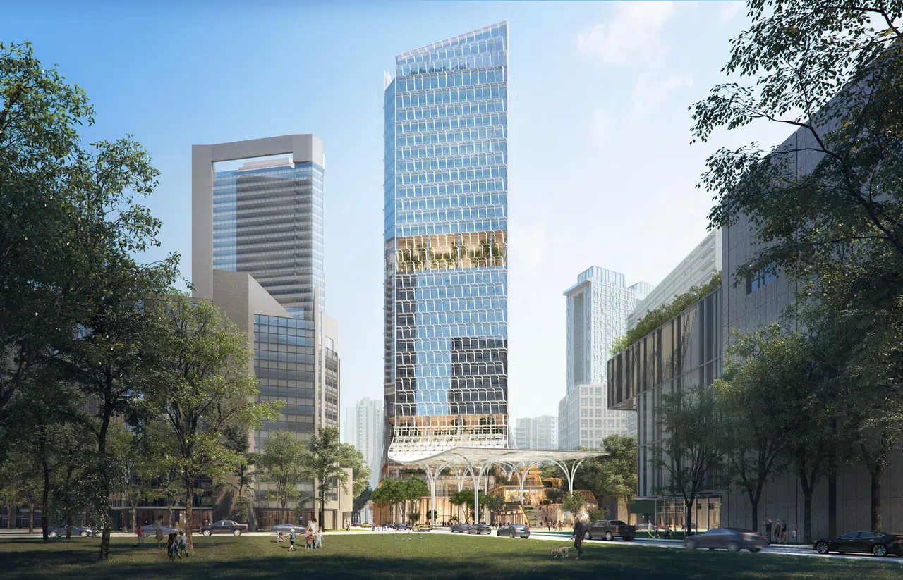 获新加坡建设局绿色建筑标志白金认证的KSC商业大厦，是一栋超低能耗建筑，预计今年第四季落成。（NBBJ提供）
