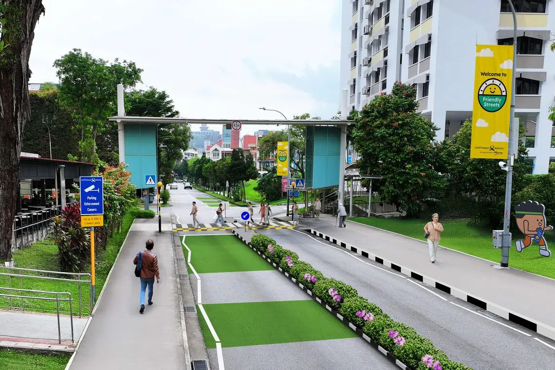 白桥安行街道的斑马线将采用“增高”设计，确保和路面平行，让行人尤其是行动不便者无须下台阶过马路。靠近斑马线时，路面也漆上绿色标记，提醒驾驶者减缓车速，注意行人。（陆交局构想图）