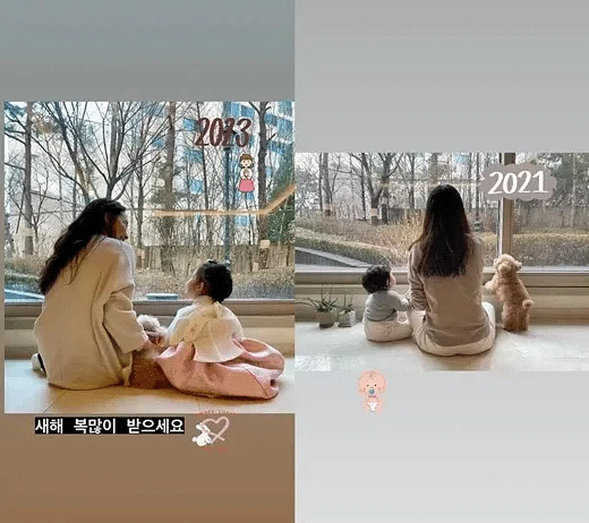 崔智友分享与女儿在2023年及2021年农历新年拍的对比照片。（互联网）