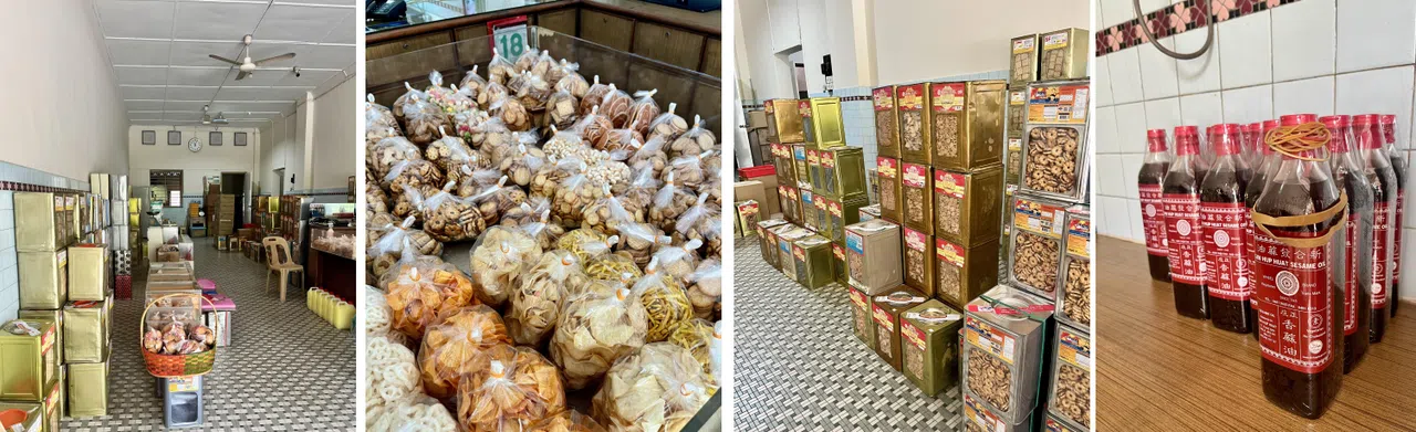 “白顺成”店内主角是叠得整整齐齐的桶装饼干，配角有预先包好的饼干（每包$2），还有老板特别为顾客进货的新合发麻油。（陈映蓁摄）