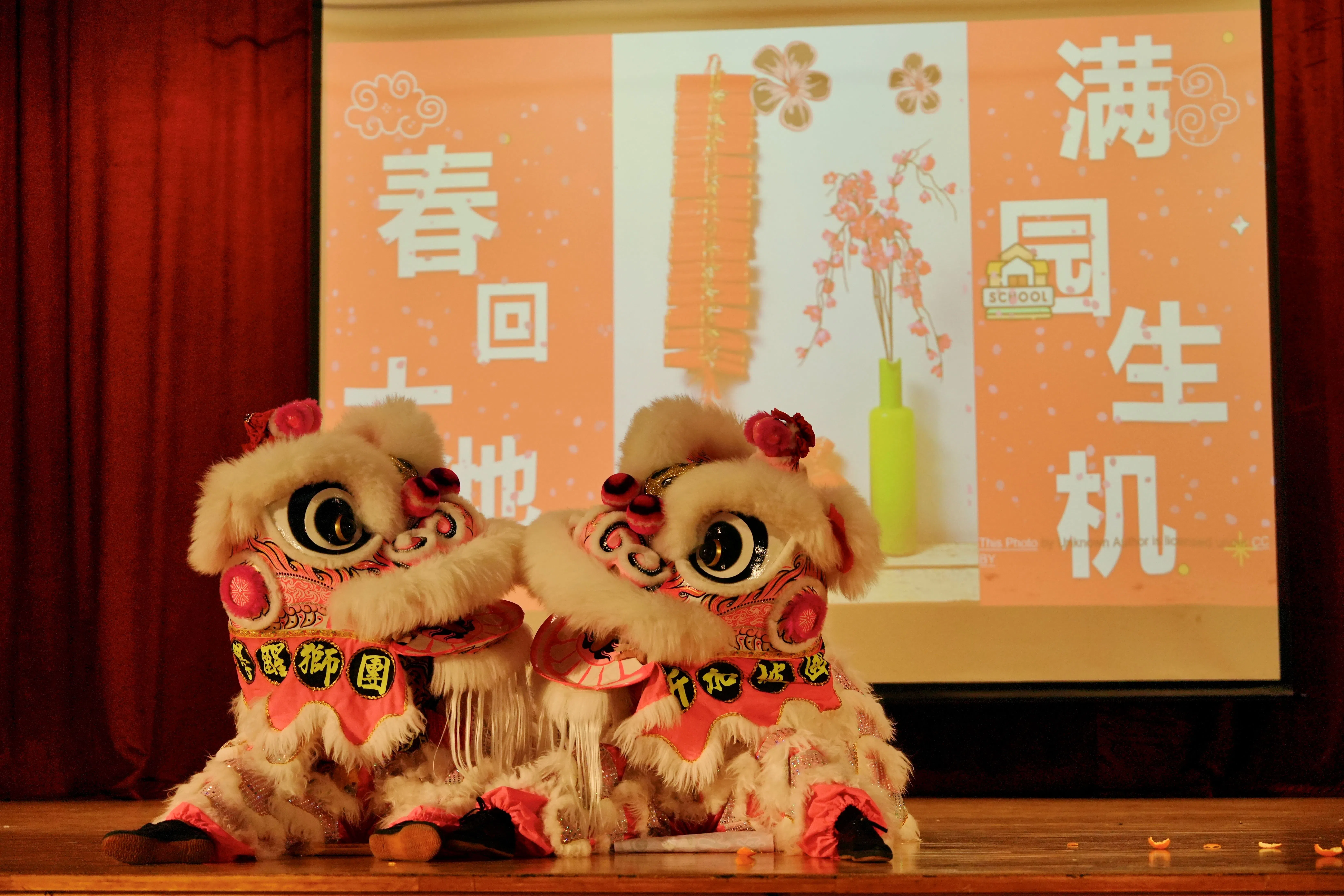 舞狮团活灵活现的表演增添了年节的气息。（淡滨尼美廉初级学院提供）