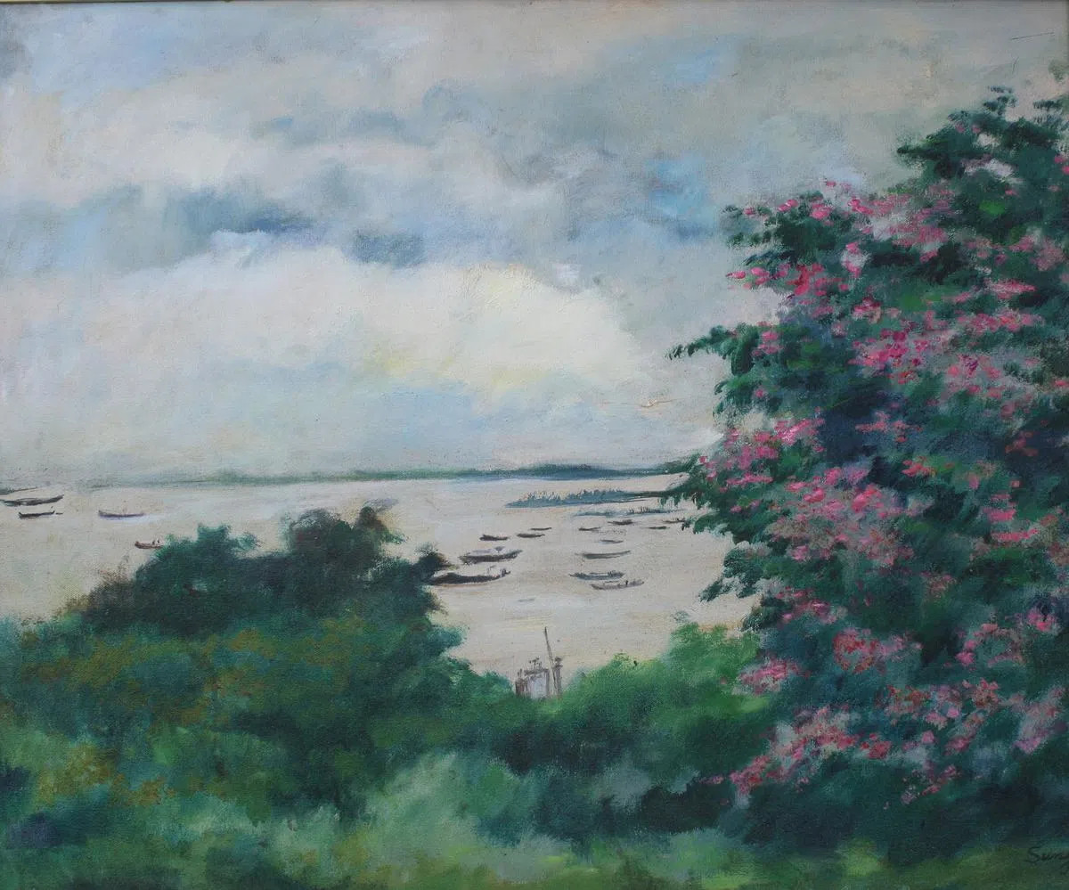 沈雁曾在花葩山租下五个单位当画室，图为油画《花葩山之一》。（画廊提供图片）