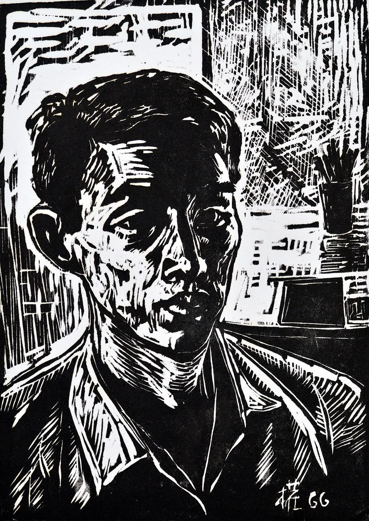 林友权木刻版画自画像（1966）。（海卉艺苑提供）