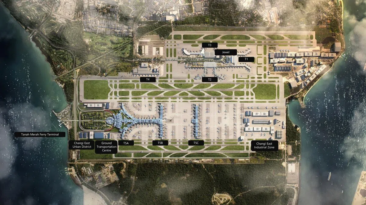 T5位于占地1080公顷的樟宜东发展项目园区内，分阶段建成后，每年可应付约5000万人次的客流。（交通部提供） 