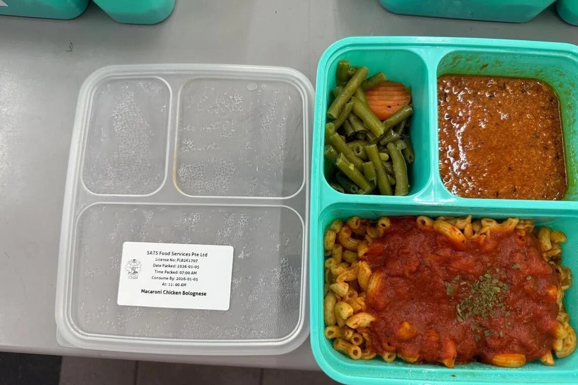 家长群组中流传一些家长试吃的餐盒照片，一名中二生受访时指出，这份通心粉套餐和自己吃的类似，不过酱料量、蔬菜和肉不同。（受访者提供）