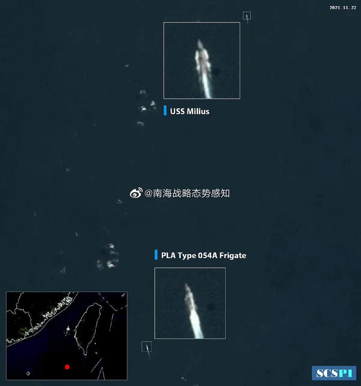 卫星照片显示，米利厄斯号自南向北穿越台湾海峡，解放军护卫舰则在米利厄斯号后面不远处，对该驱逐舰进行跟踪监视。（“南海战略态势感知”微博账号）