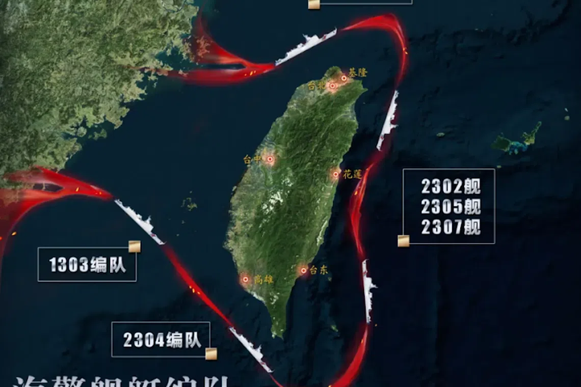 中国大陆海警舰艇编队在台湾周边海域活动的位置示意图。（“中国海警”微信公号）