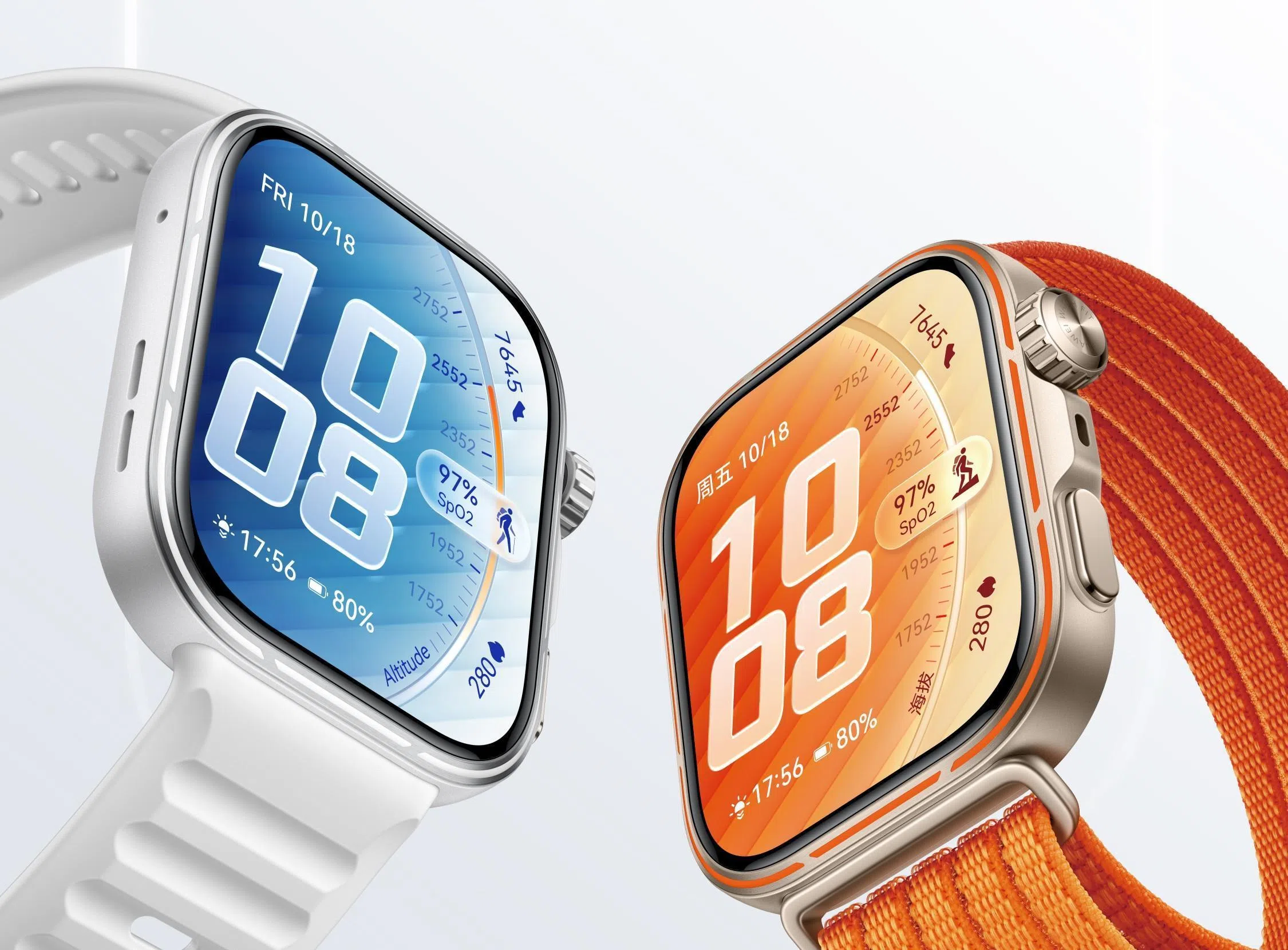 Watch Fit 5 Pro使用正方形表盘设计，有橙、白和黑三种配色。（厂商提供）