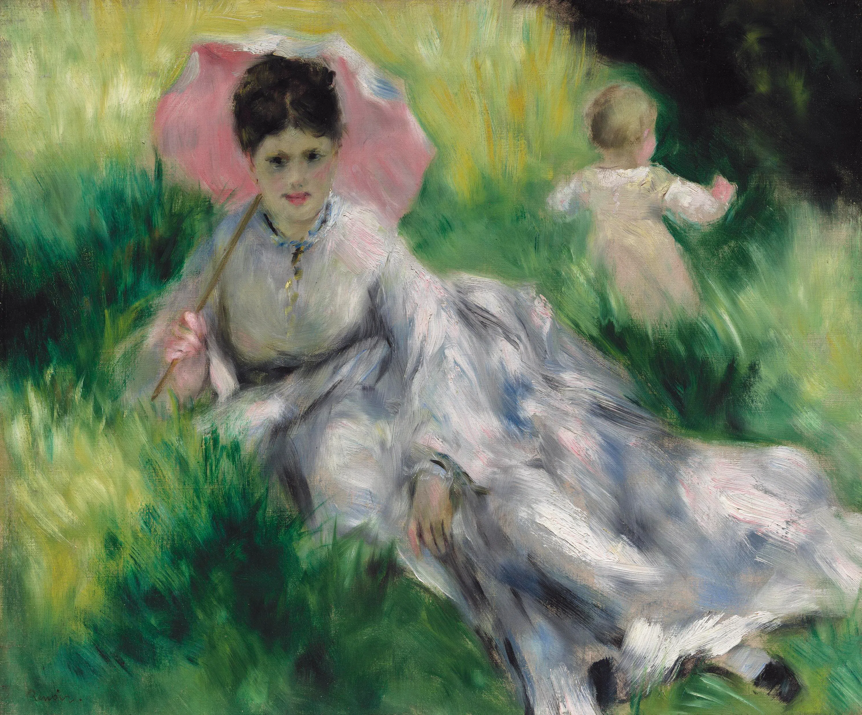 皮埃尔·奥古斯特·雷诺阿油画《阳光山坡上撑阳伞的女人和小孩》（1874-1876）。（波士顿美术馆提供）