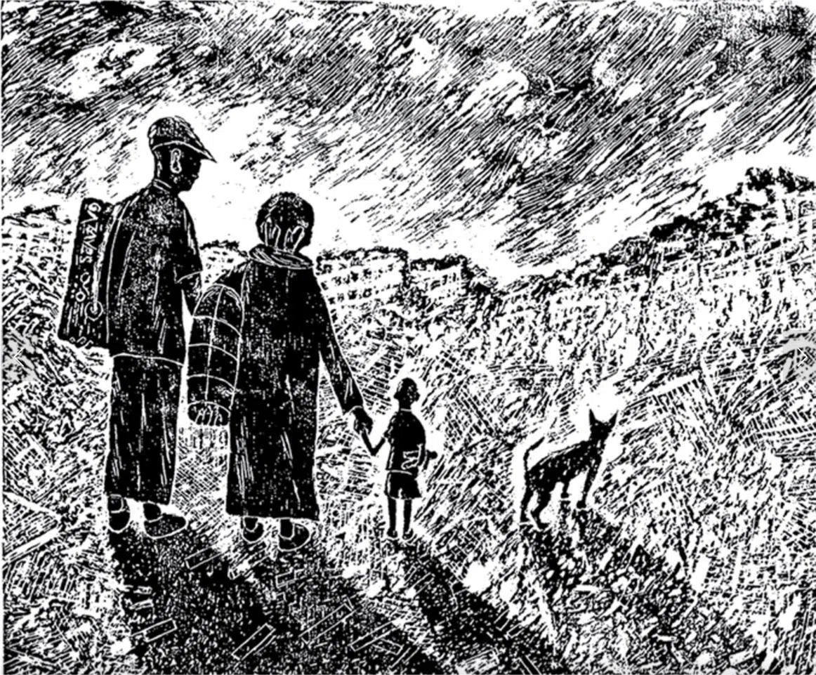 何家良木刻版画《家在何方》。（画廊提供）