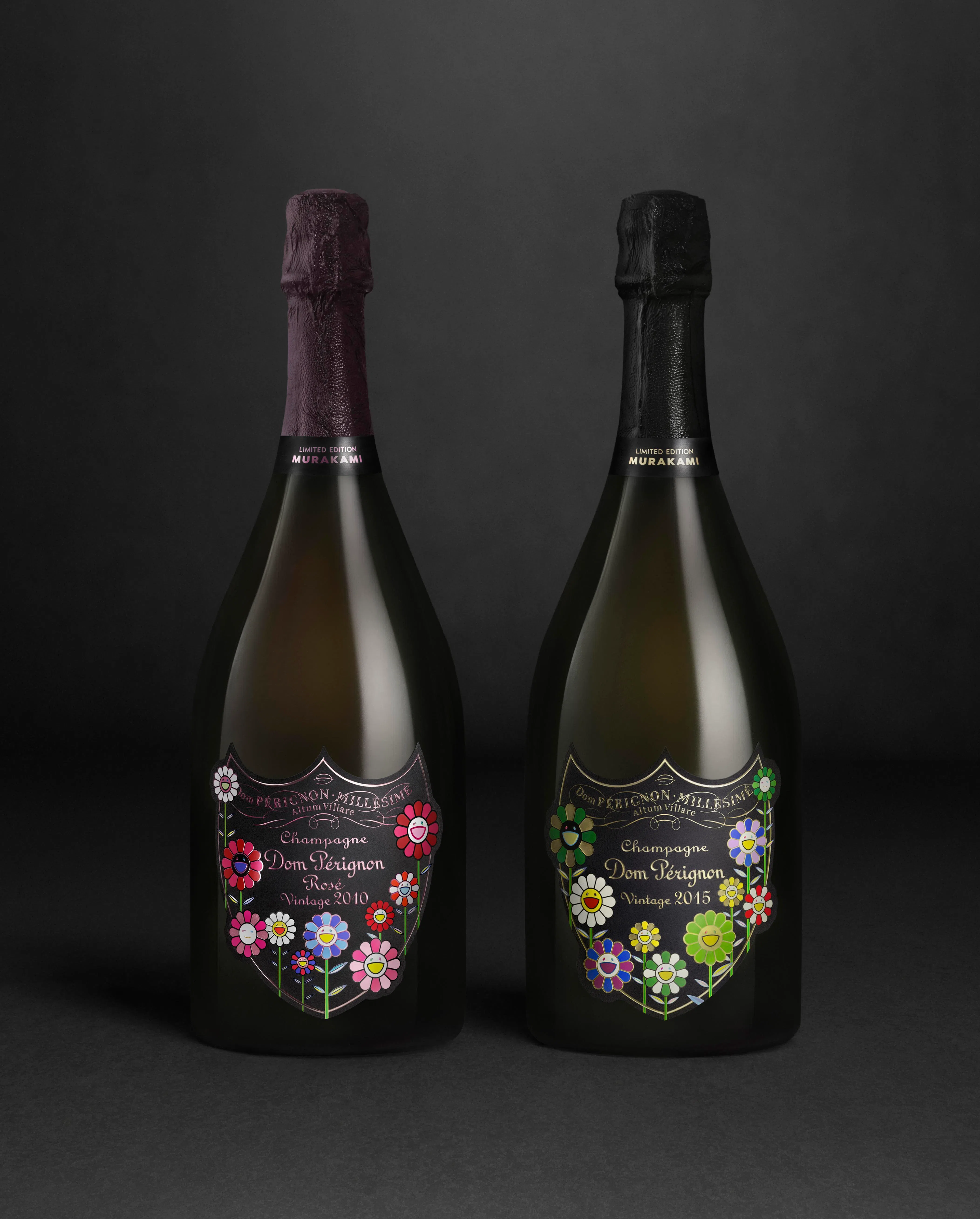村上隆为唐培里侬2015年份香槟和2010年份桃红香槟设计​​酒标与礼盒。（©︎2025 Takashi Murakami/Kaikai Kiki Co., Ltd）