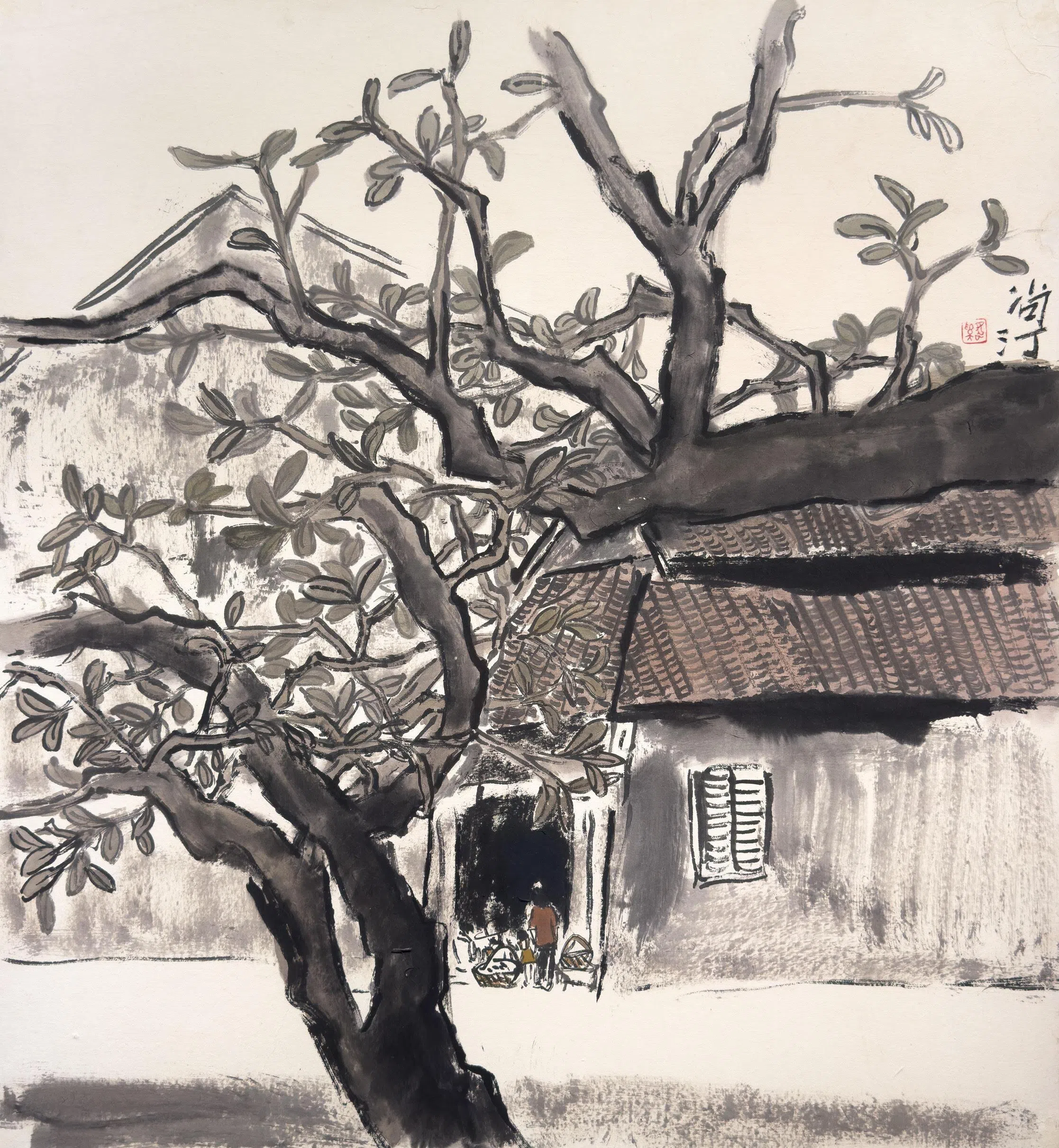 蔡逸溪作于1980年代初的《光顾街头小贩》，以“尚汀”署名。（嘉合画轩提供）