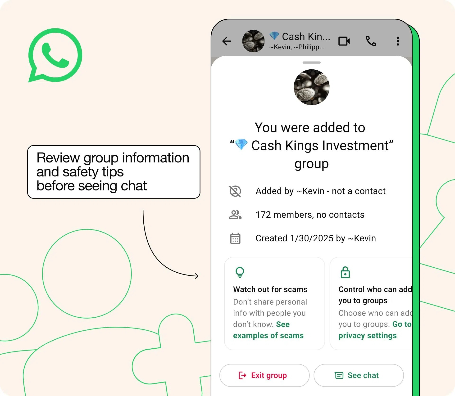 WhatsApp平台内新增了群组安全概览和联系人背景提示，用户被加入群组时会收到提醒，协助用户保持警惕。（Meta提供）