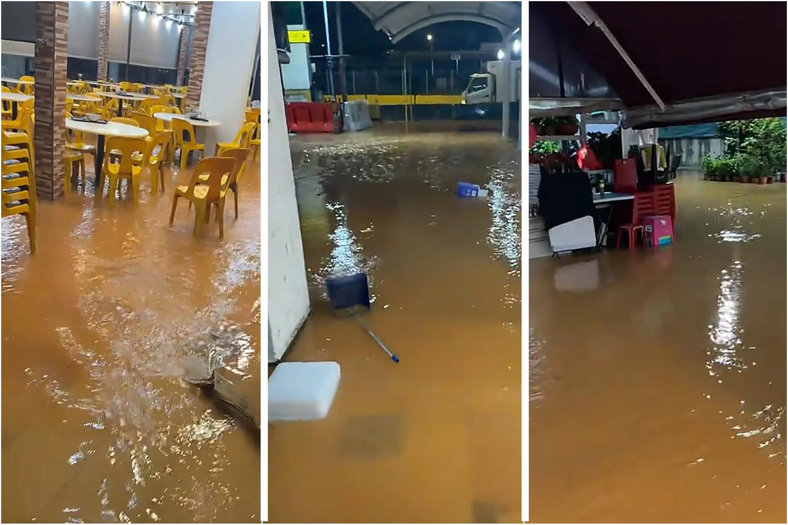 社交媒体流传的视频显示，水管爆裂导致周围店铺积水严重，不少桌椅都浸泡在水里。（视频截图）