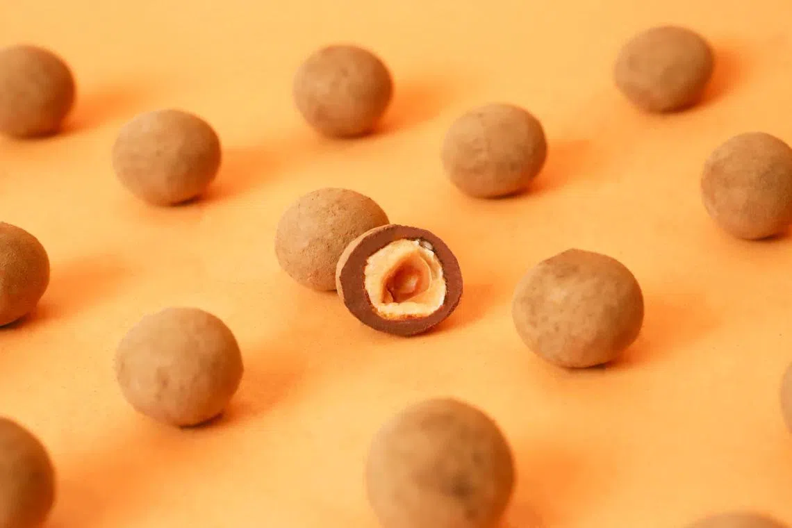Mr. Bucket Chocolaterie的焙茶榛果巧克力球香醇浓郁。（品牌提供）