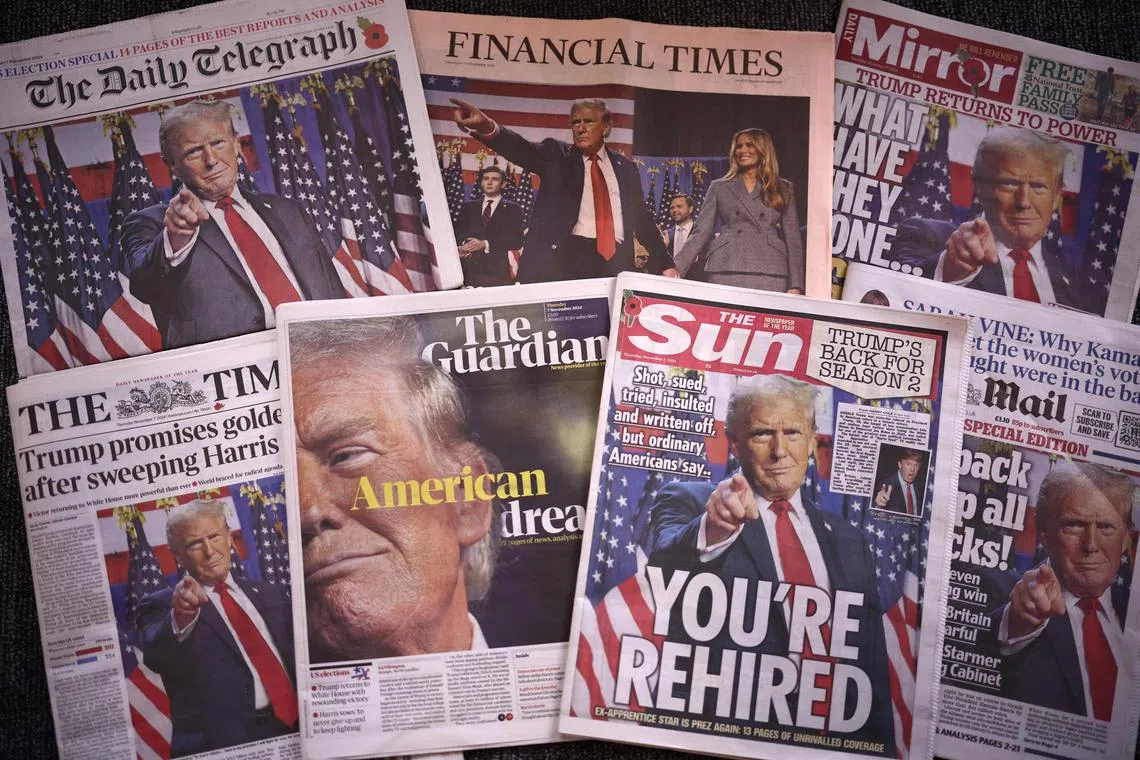 美国前总统特朗普重返白宫的消息，成为英国各大报章周四的头条新闻。（法新社）