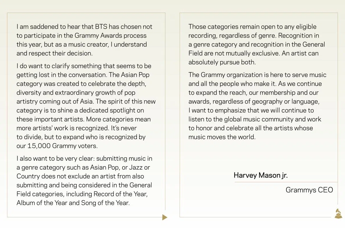 格莱美奖通过IG回应BTS不报名的决定。（Grammys IG）