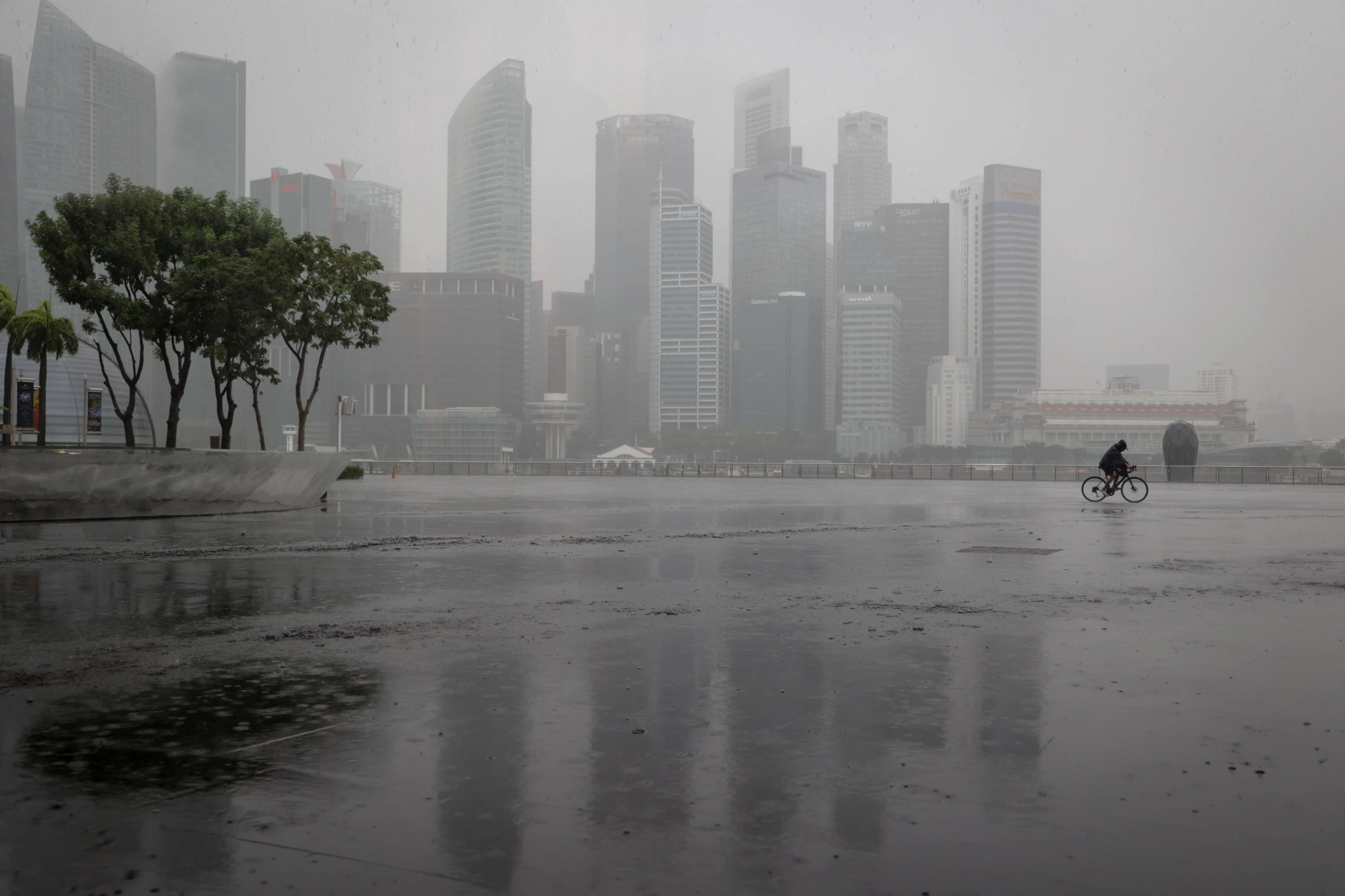 气象署网站显示，强度雷阵雨将持续到至少上午11时30分，接下来一整天也将继续下雨。照片摄于3月19日，滨海湾金沙附近。（叶振忠摄）