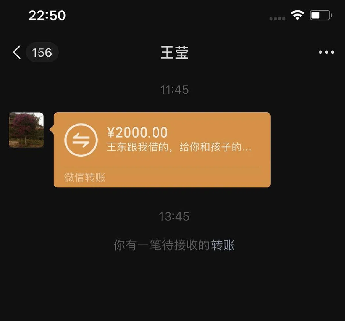 王东妻子出示简讯载图，说王东要跟姐姐借钱才能给自己生活费。（互联网）