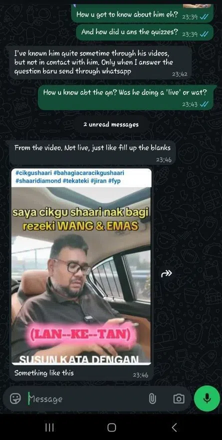 骗子之后要求受害者通过WhatsApp联络这名“网红”，并要求对方支付“手续费”“行政费”等虚构费用。（新加坡警察部队提供）