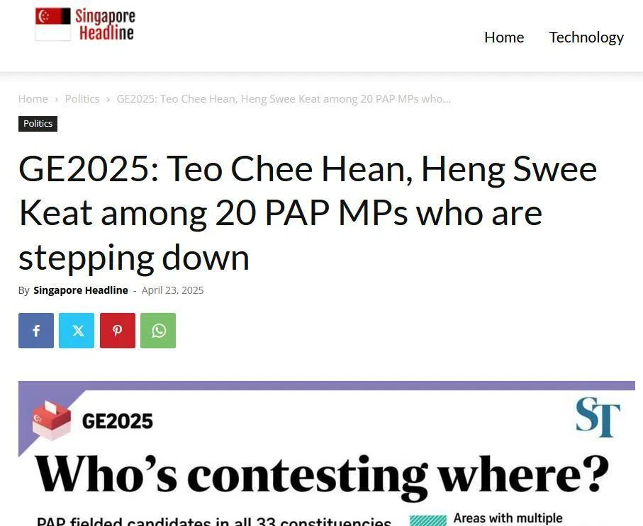 2025年4月23日，Singapore Headline发布一篇与全国大选相关的文章。文章源自《海峡时报》，却被冒充为自家撰写。（网站截图）