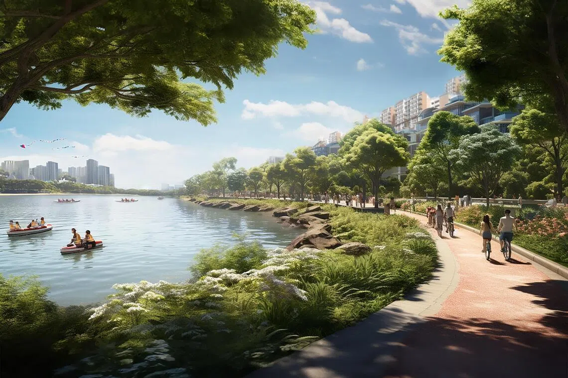 这是我国计划填海兴建的“长岛”构想图，这个人工岛（右侧）上可建设休闲设施和住宅等。长岛对岸是东海岸公园，图中的水域是将新造的蓄水池。（市区重建局构想图）