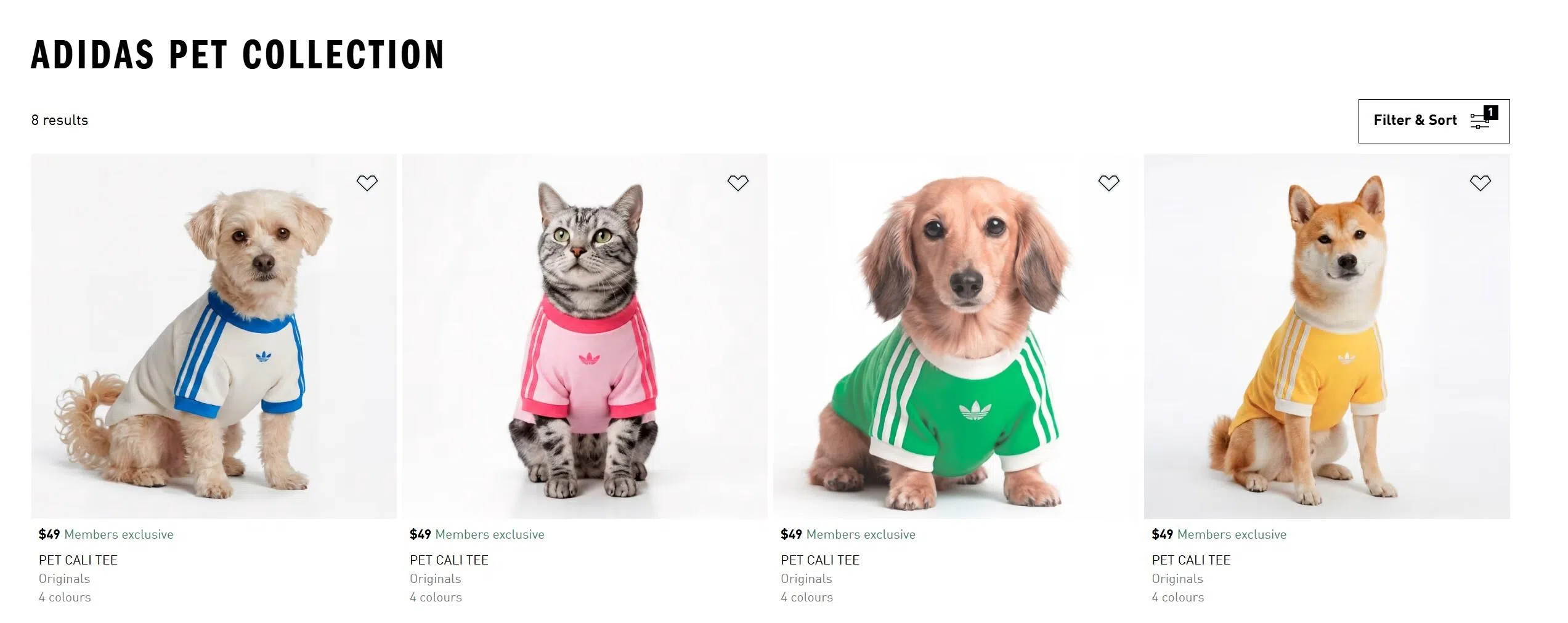 阿迪达斯新加坡官网显示，目前仅有针对宠物猫和宠物狗的衣服。（取自阿迪达斯新加坡官网）
