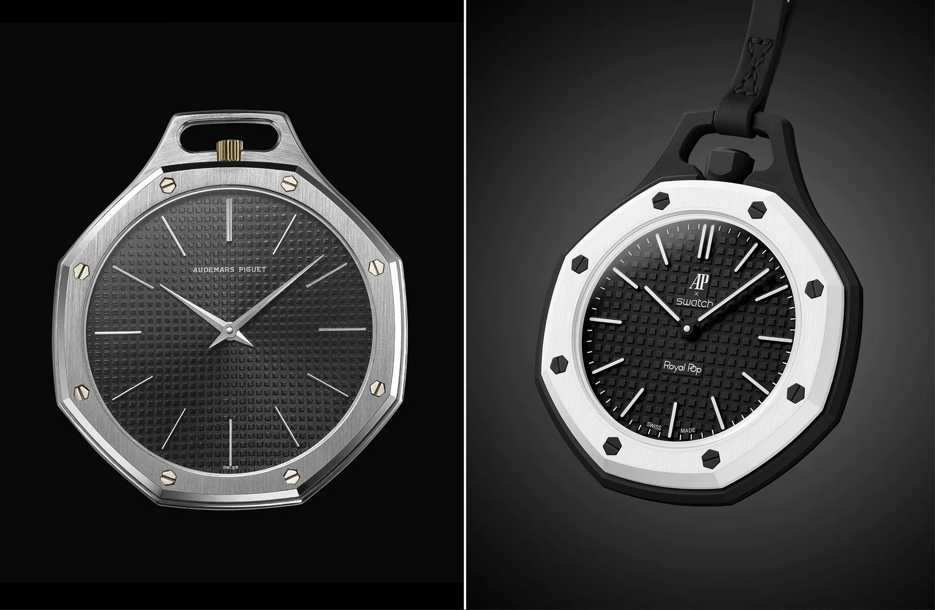 丝沃琪Royal Pop（右）灵感来自爱彼Royal Oak怀表（左）。（Audemars Piguet与Swatch图片）