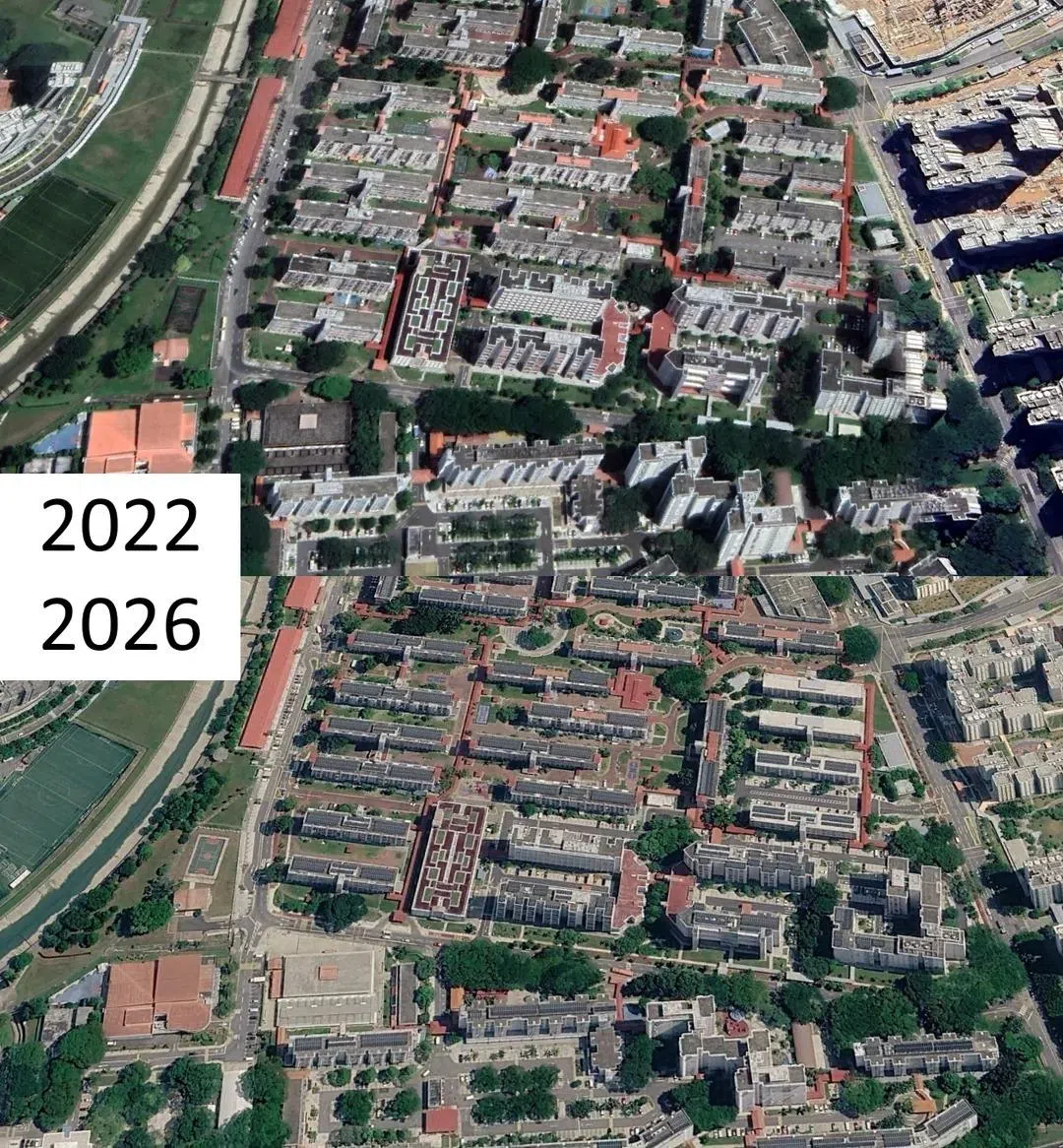 网民”unfair_bike”贴出的循环路（Circuit Road）2022年的谷歌地球截图，与2026年的截图做对比，图中可看出那一带的建筑屋顶到了2026年布满太阳能板。（取自Reddit）