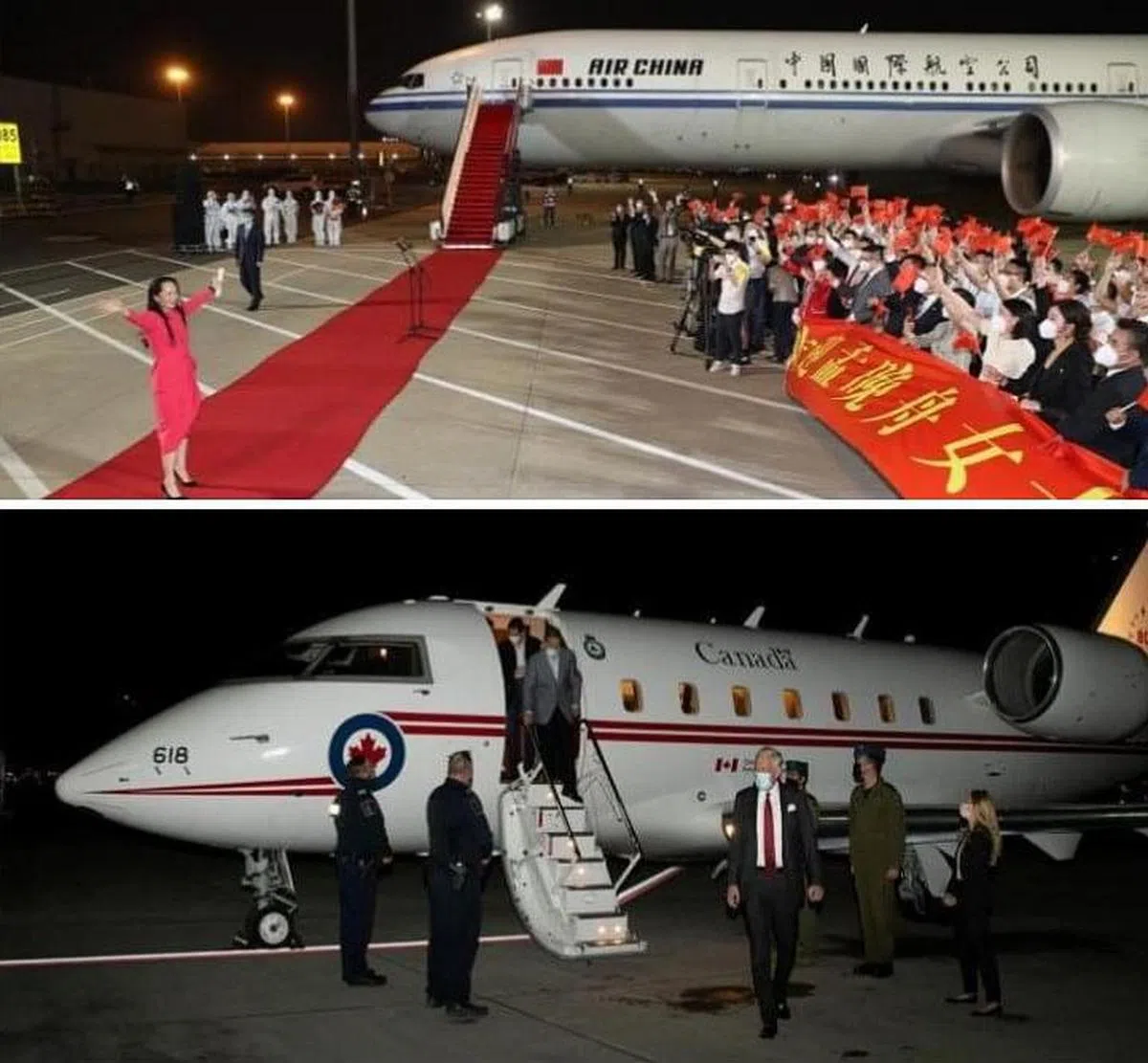 孟晚舟的回家（上）与两个迈克尔的回家（下）在氛围上有不小的差别。（路透社）