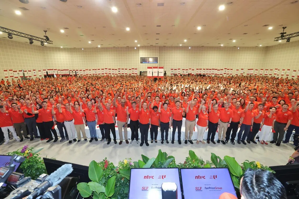 五一劳动节集会，星期五（5月1日）上午于白沙乐怡度假村（Downtown East）D’Marquee举行。（唐家鸿摄）