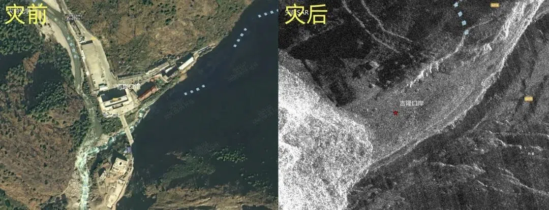 中国《西藏日报》发布的对比图显示，星期三（8月26日）泥石流发生后，西藏吉隆口岸建筑已夷为平地。（取自《西藏日报》微信公众号）