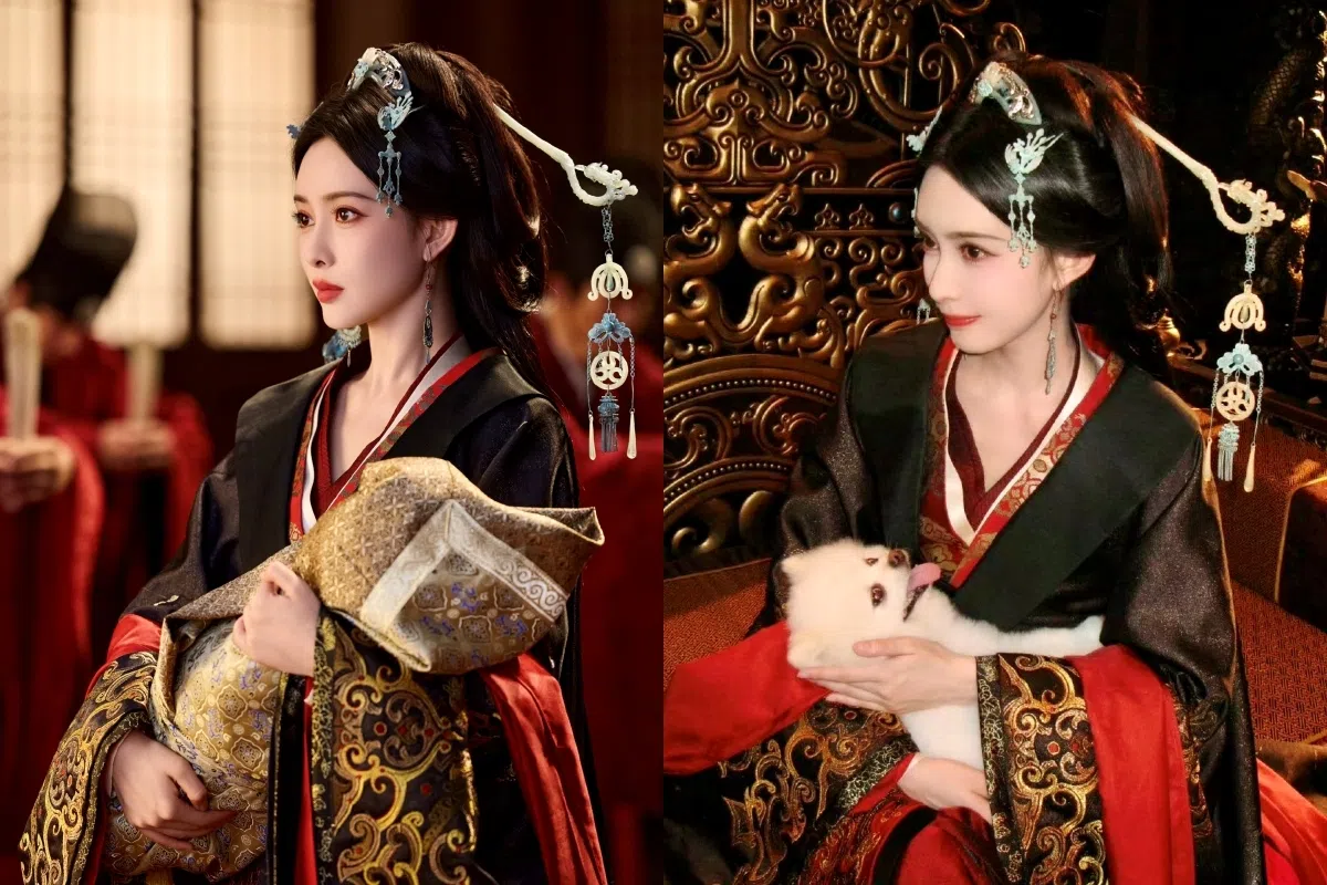 孟子义的爱犬“巧克力”在一场登基戏份中，充当襁褓里的“皇子”。（取自艺人工作室微博、艺人微博）