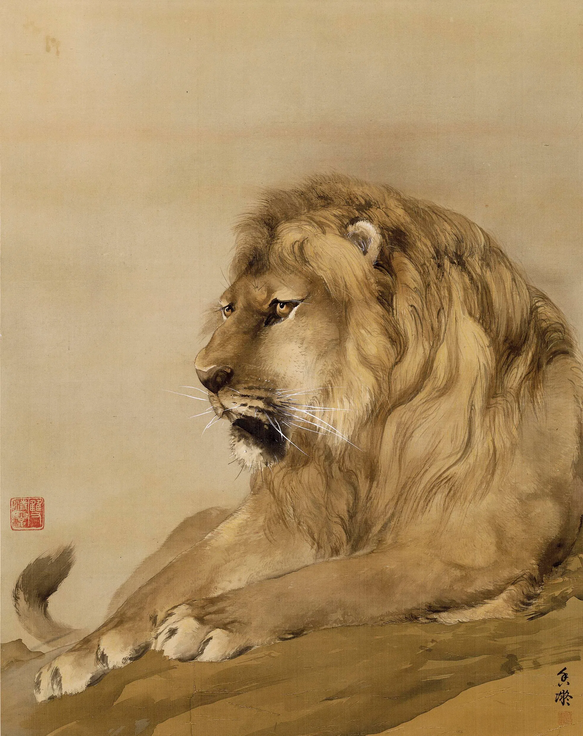 何香凝绢本设色《狮》（1914）画风细密，视为国家力量与复兴的象征。（何香凝美术馆馆藏）