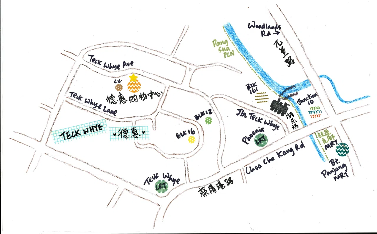 Teck Whye坐落在蔡厝港和武吉班让之间，邻近武吉班让地铁站以及凤凰（Phoenix）和德惠（Teck Whye）两个轻轨站。（陈映蓁手绘）